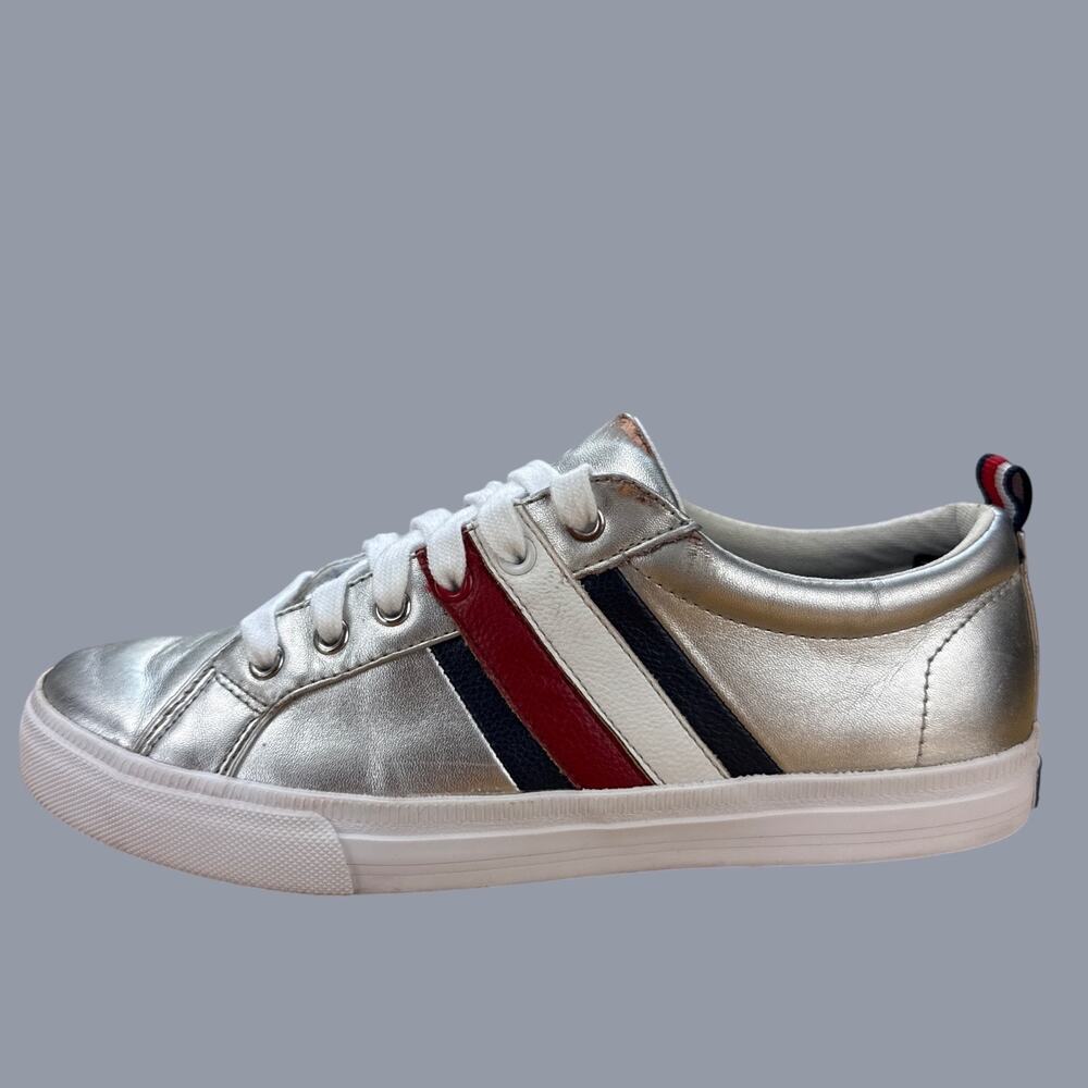 Tommy Hilfiger Metallic Silver Sneakers Womens 8 M Stripe Low Top Y2K Casual